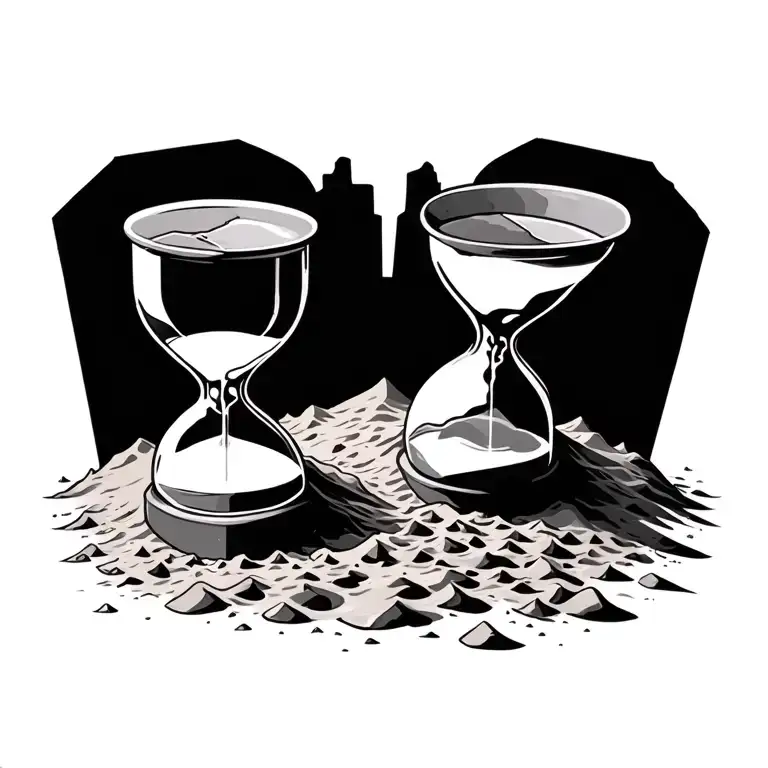 broken hourglass sand pouring out into grave tattoo design idea