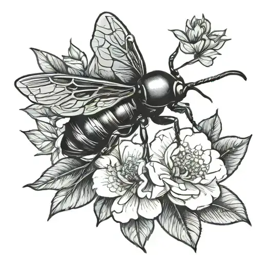 Stag beetle with open wings and a camellia flower coming out of its back tattoo design idea