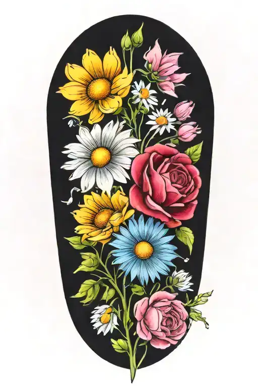 An intricate tattoo of a boquet of roses, daisys, and cosmos flowers tattoo design idea