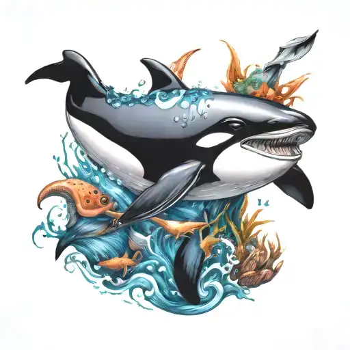 orca with sea creatures tattoo design idea