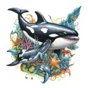 orca with sea creatures tattoo design idea