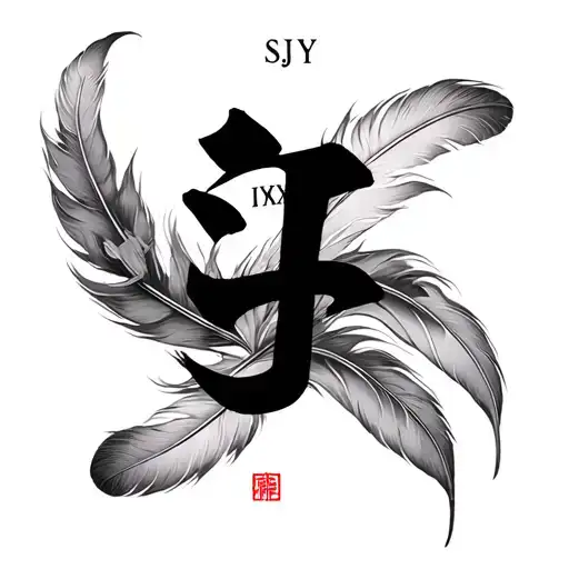 Chinese ink style feather tattoo, SJY cursive calligraphy as main vein, Roman numerals "ⅡⅩⅧ" branching into delicate hai tattoo design idea