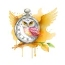 words time takes time, colorful realism, HD cute owl holding a pocket watch has Angle wings  tattoo design idea