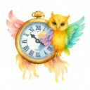 words time takes time, colorful realism, HD cute owl holding a pocket watch has Angle wings  tattoo design idea