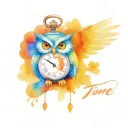 words time takes time, colorful realism, HD cute owl holding a pocket watch has Angle wings  tattoo design idea
