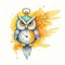words time takes time, colorful realism, HD cute owl holding a pocket watch has Angle wings  tattoo design idea