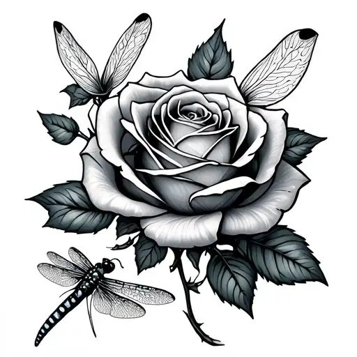 rose, dragonfly resting tattoo design idea
