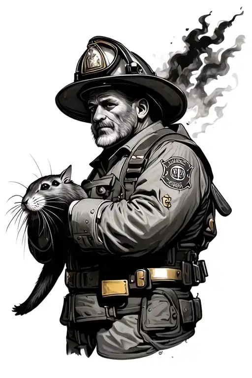 old firefighter with rat in his hands  tattoo design idea