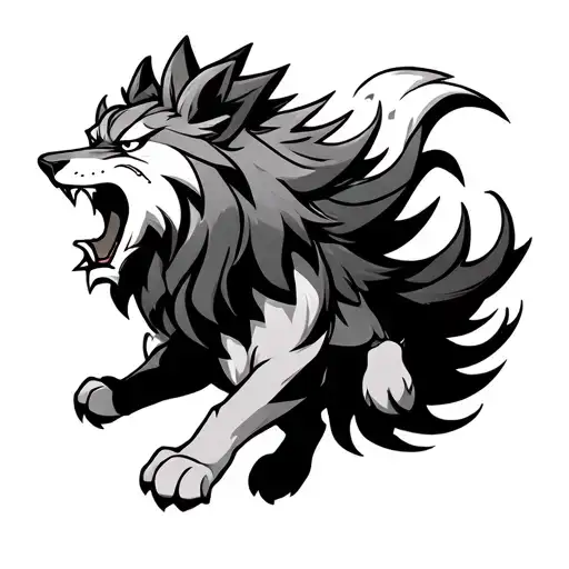 Black and white onlyFull-body Arcanine mid-leap, mouth open in a roar Flowing mane stylized like flames tattoo design idea