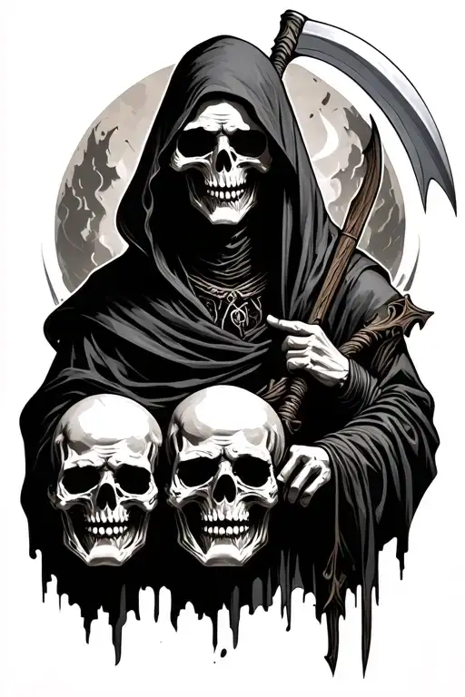 Grim reaper with scythe and holdin human head tattoo design idea