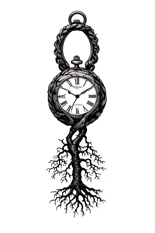 Tree of life intertwined with roots that wrap around and go into a cracked pocket watch tattoo design idea