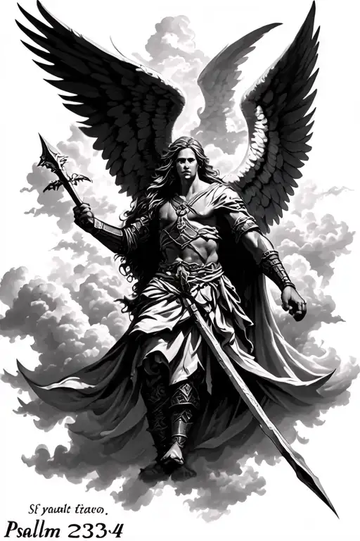 warrior angel with wings and a spear coming out the clouds with psalm 23:4 below the image  tattoo design idea