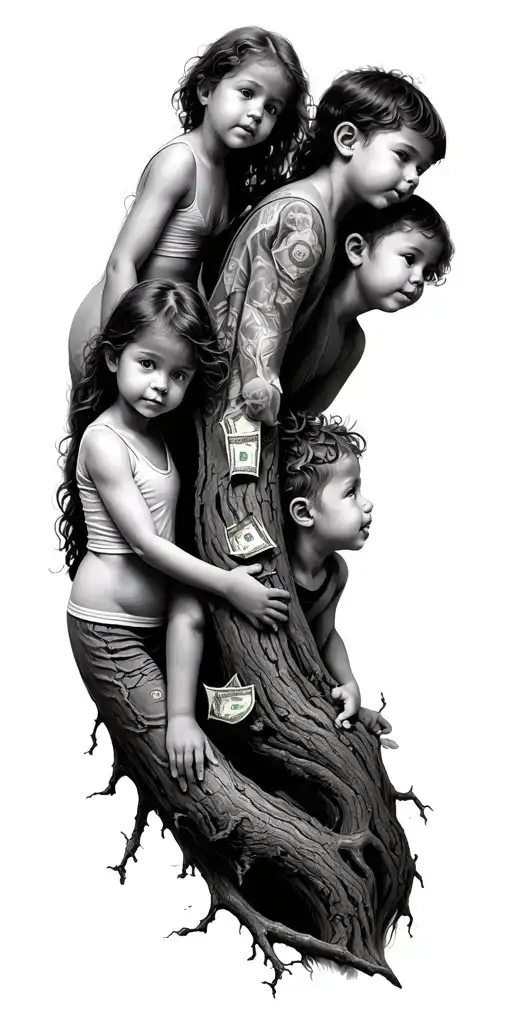 chasing money tree branches three children tattoo design idea