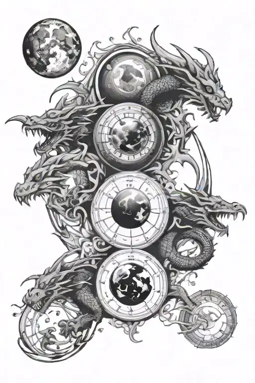 6 moon phases and 3 dragon flying tattoo design idea