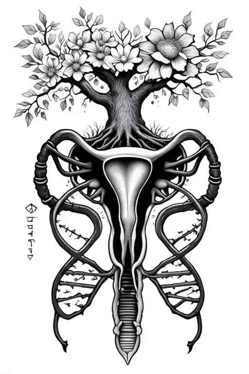 floral uterus with Kabbalah tree of life at top and DNA generating from the fallopian tubes tattoo design idea