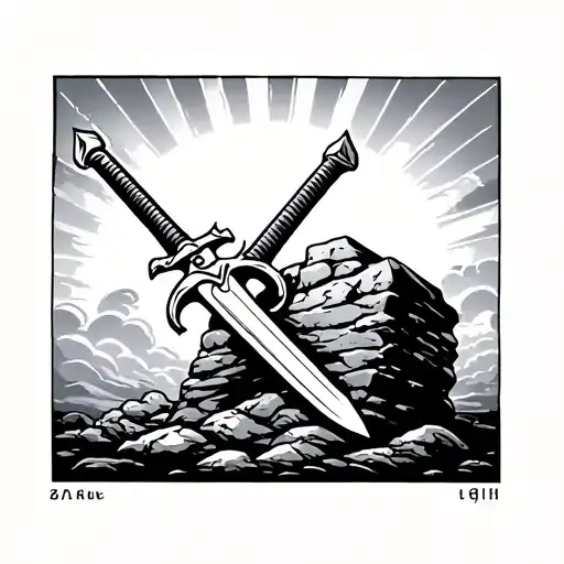 a sword entering a stone and on the background of the rays of the sun and clouds tattoo design idea