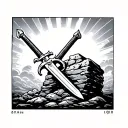 a sword entering a stone and on the background of the rays of the sun and clouds tattoo design idea