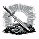 a sword entering a stone and on the background of the rays of the sun and clouds tattoo design idea