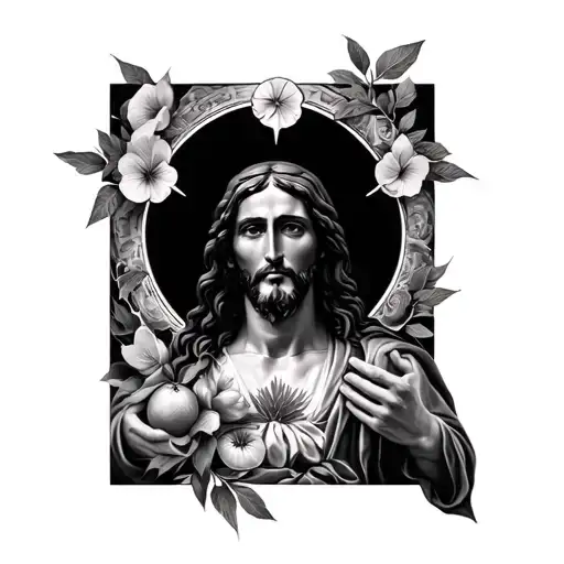 Arm sleeve realistic tattoo including meekness, creation, the trinity, love and mercy, fruits of the spirit, Jesus resur tattoo design idea