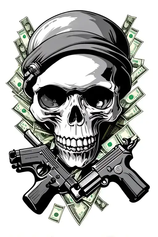 gangsta skull with drugs and guns money drugs tattoo design idea