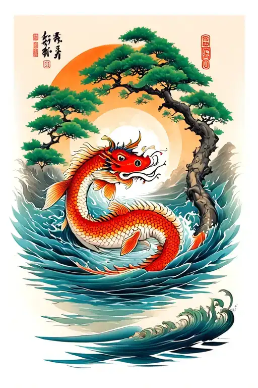 carp swiming in a river turning jn a dragon in the end but the river looks like a bonsai tree tattoo design idea