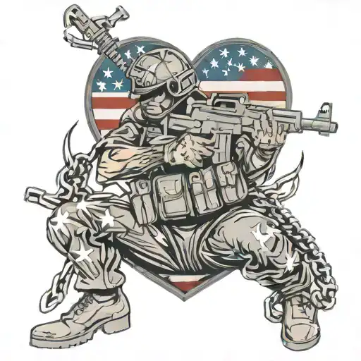 atanomic heart, american flag inlay, kneeling soldier holding m14 , chains around heart, tattoo design idea
