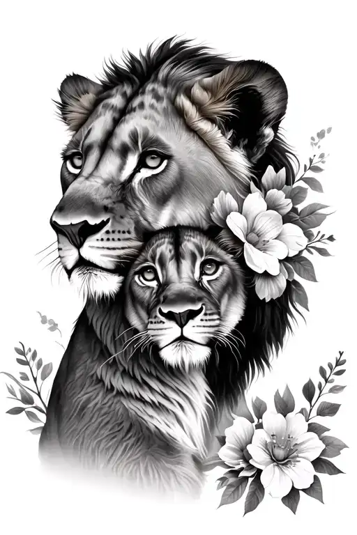 lioness and cub with flowers wrapped tattoo design idea