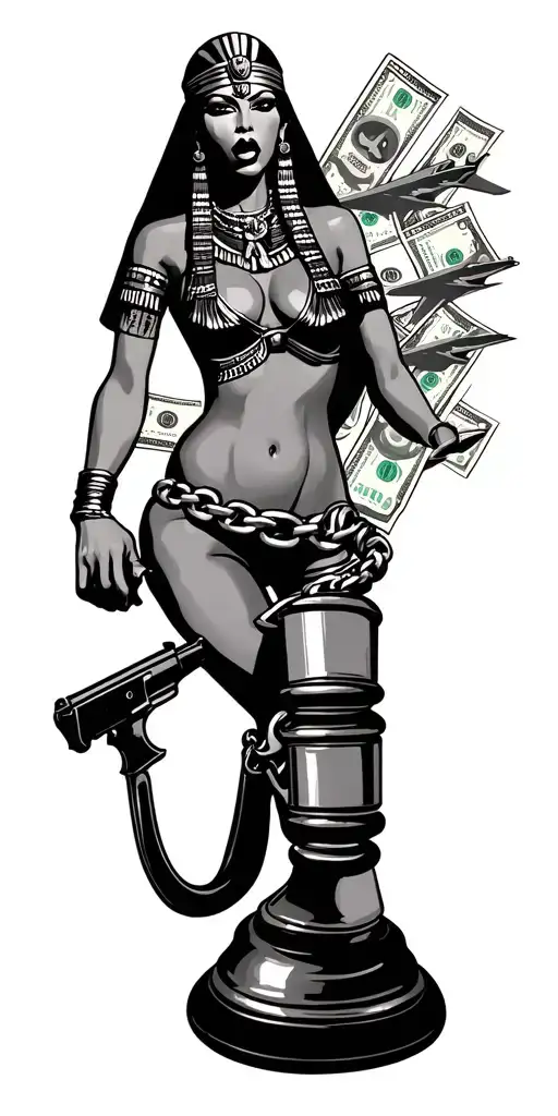 Cleopatra handcuffed with her mouth cooked, dollars, guns, planes, 1 peace sign, 1 swinging gavel, 1 microphone and tattoo design idea