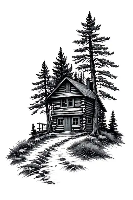 cabin and trail winding tattoo design idea