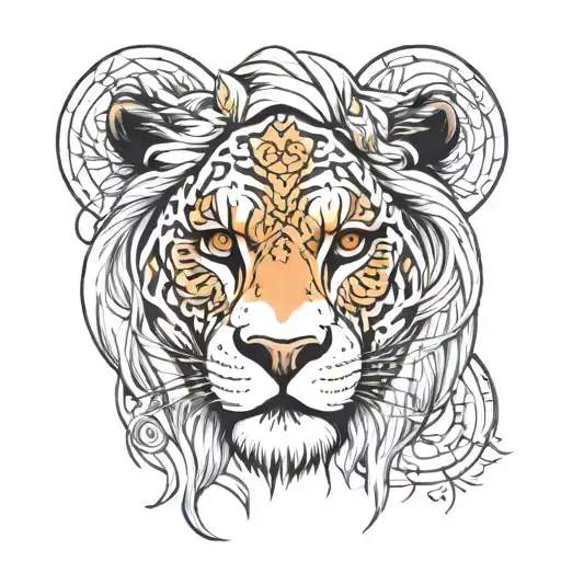 women facing turning around with leo zodiac sign on forehead and lion scar across eye  tattoo design idea