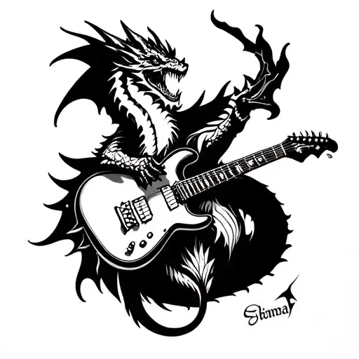 A heavy metal music inspired tattoo featuring a dragon playing an electric guitar tattoo design idea