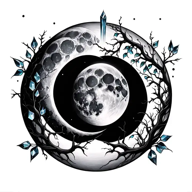 moon phases held together by vines and crystals tattoo design idea