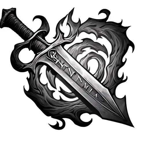 Bonfire from Dark Souls 3. Letters VTVMLA on sword hilt. tongues of flame intertwined in a sign of Virgo tattoo design idea