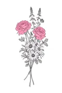 minimalist black tattoo with bouquet of one rose, one carnation, one larkspur, one violet and 2 asters flowers  with 3 i tattoo design idea