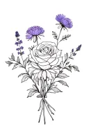 minimalist black tattoo with bouquet of one rose, one carnation, one larkspur, one violet and 2 asters flowers  with 3 i tattoo design idea