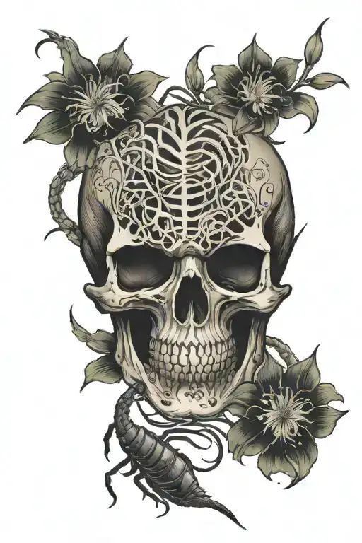 skull with spider lilies and centipede tattoo design idea