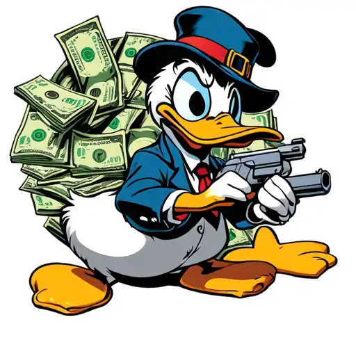 donald duck the gangster with gun and a lot of money and text MONEY MAKER  tattoo design idea