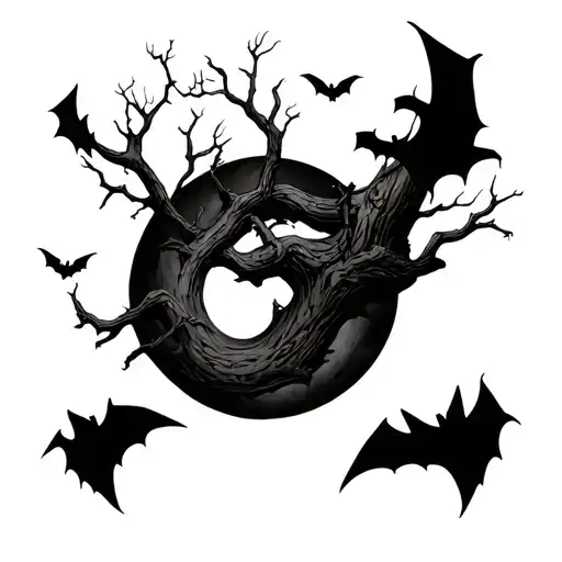 shahad with leafless tree and bats flying across tattoo design idea