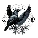 Crow with open wings surrounded by the moon phases and below it a pentagram with stag horns and oak leaves  tattoo design idea