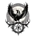 Crow with open wings surrounded by the moon phases and below it a pentagram with stag horns and oak leaves  tattoo design idea