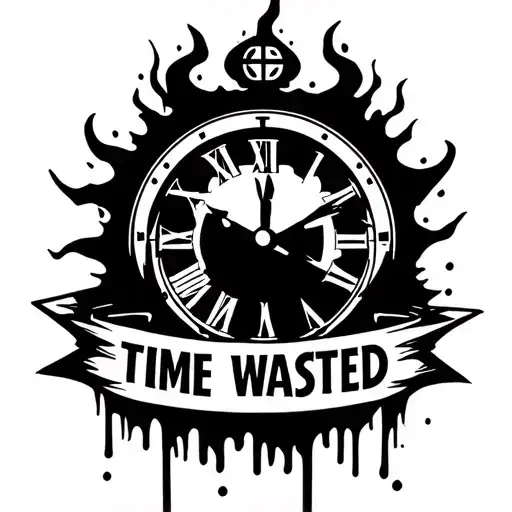 clock melting with prison bars , saying time wasted in a banner tattoo design idea