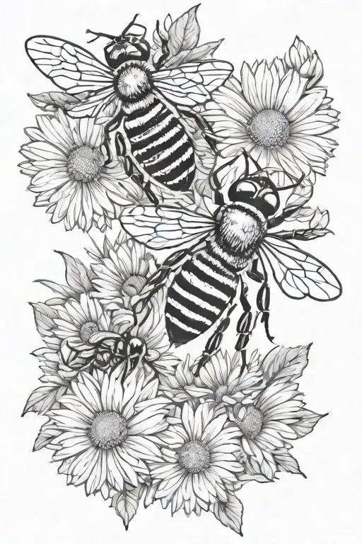 bees and daisies line tattoo tattoo design idea