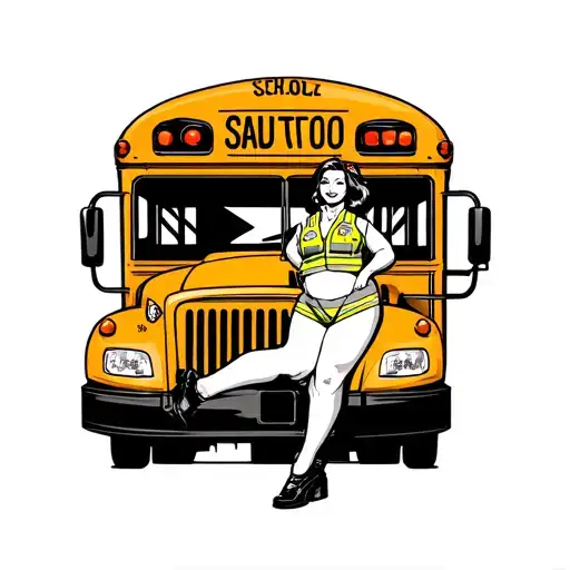 fat pin up girl on a school bus wearing a safety vest tattoo design idea