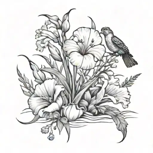 Beach scene with flowersGladiolus and Poppy carnation and the snowdrop aster and morning glory.  3 little birds on a pow tattoo design idea
