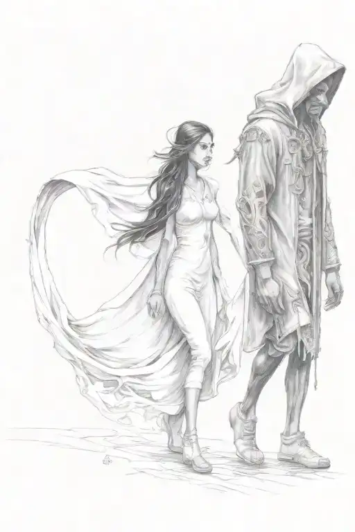 a girl and a hooded beast walking side by side holding hands tattoo design idea