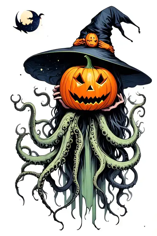 witch holding jack-o'-lantern, tentacles, space, eldritch tattoo design idea
