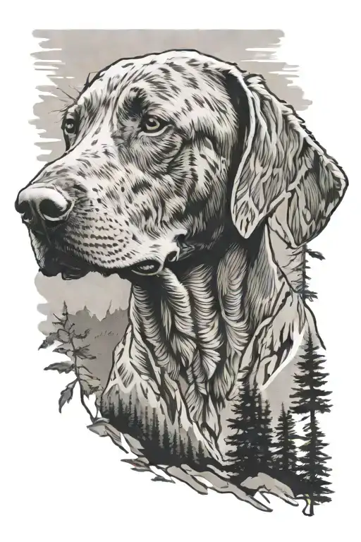 forrest and mountain with face of vizsla dog shown tattoo design idea