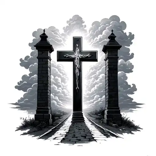 Faith Cross clouds surrounding walking down the road into gates tattoo design idea