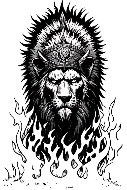 Viking berserker with demonical eyes wearing a lions skin headdress in a field of burning hearher tattoo design idea