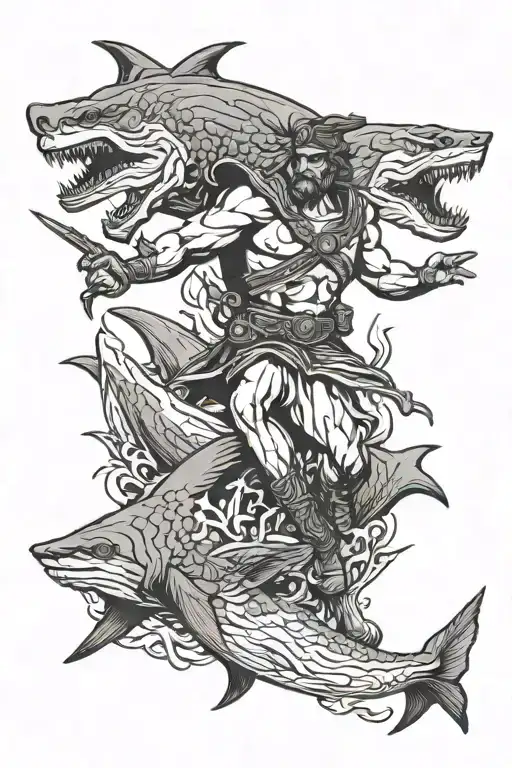 ancient Greek mythology soldier fighting with shark tattoo design idea